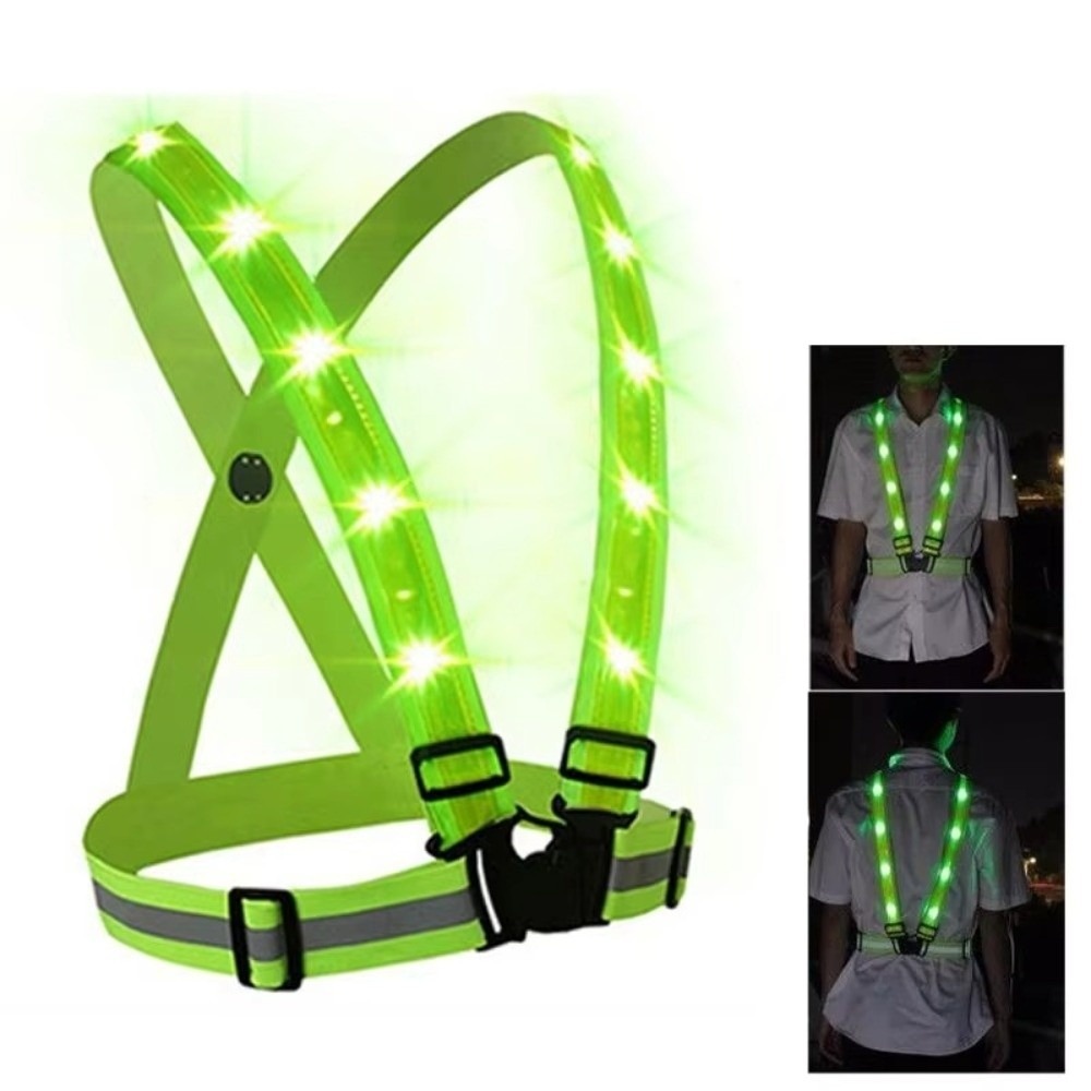 Running Gear Green - 新しいポリエステル製LED安全ベスト、グリーンライト、USB充電式、反射材付きランニングベスト、反射材付きサイクリング警告ベスト、サイクリングギア