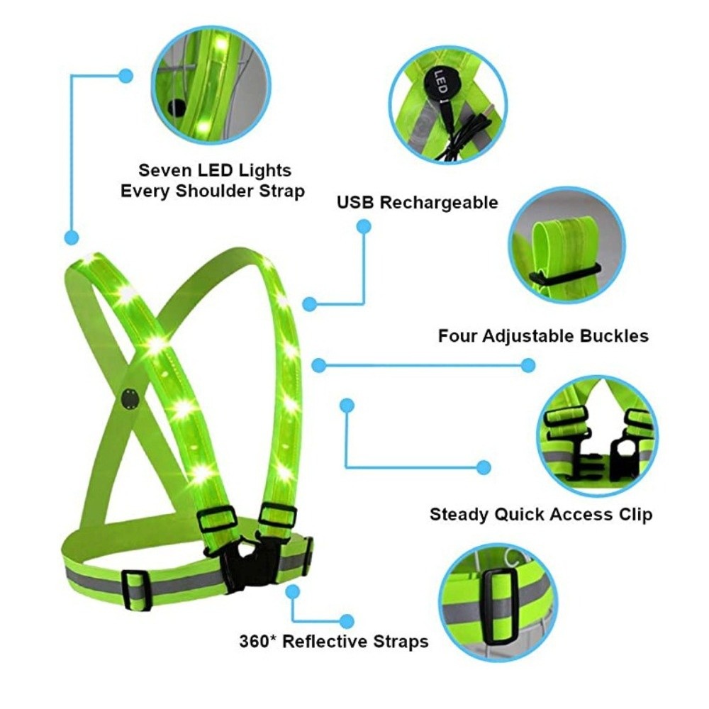 新しいポリエステル製LED安全ベスト、グリーンライト、USB - Running Gear Green のレビューと価格